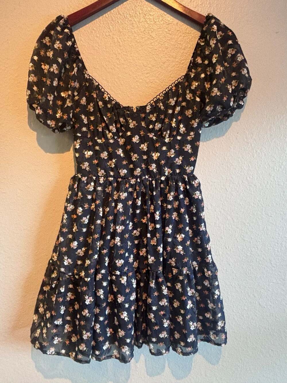 Trixxi Francesca's Willa Floral Puff Sleeve Mini Dress Navy Blue Large NWT
